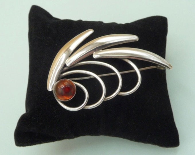 TSR (Denmark). Silver and Amber Brooch. Vintage.