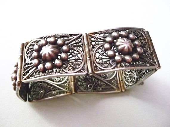 800 Silver Vintage Filigree Floral Panel Link Bracelet 6