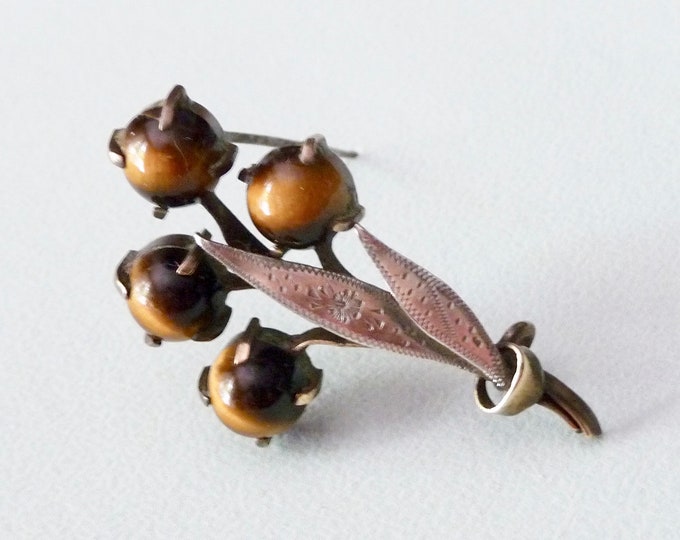 Chiseled Metal and Stone Brooch. Vintage.