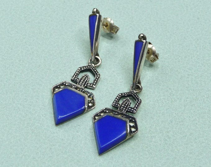 Silver, marcasite, and lapis lazuli earrings. Vintage.