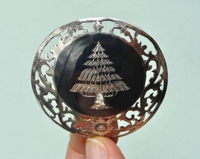 Silver and black enamel brooch. Vintage.