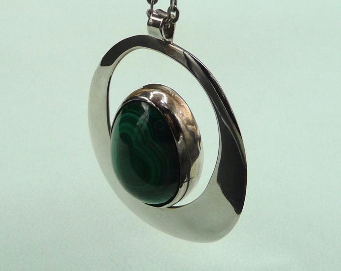Sweden. Large silver pendant decorated with a green stone (malachite). Vintage.