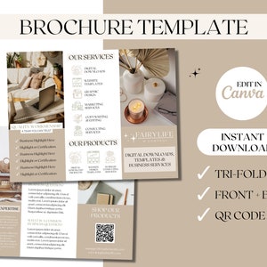 de brochure à trois volets Canvas | Brochure féminine à trois volets modifiable à faire soi-même | Modèle imprimable de brochure d&#39;entreprise spa beauté programme à trois volets