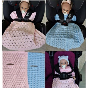 Baby Car Seat & Pram Blanket Cover with Buckle Belt Hole PDF Knitting Pattern DK ( 8 ply )  Easy knit DK 2 x Designs Lacy Diamond Boys Girls