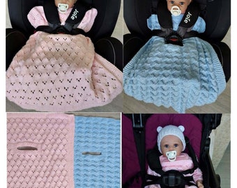 Baby Car Seat & Pram Blanket Cover with Buckle Belt Hole PDF Knitting Pattern DK ( 8 ply )  Easy knit DK 2 x Designs Lacy Diamond Boys Girls