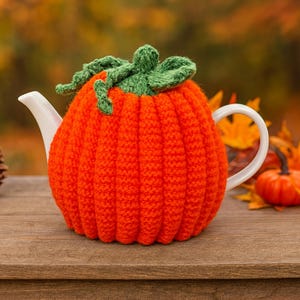 PDF Knitting Pattern Pumpkin Tea Cosy in 3 sizes To fit 2, 4 or 6 Cup Teapot DK ( 8 ply ) Halloween Decor Novelty Teacosy BB045