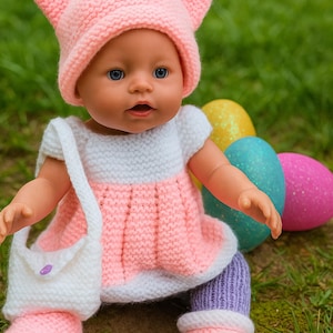 Easy Knit PDF Knitting Pattern Baby Dolls Clothes Hat Sweater Top Leggings Boots & Bag Beginners DK ( 8 ply ) Dolls Height 43cm 17" BB002