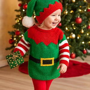 Elf Christmas Sweater & Hat Jumper PDF Knitting Pattern DK ( 8 ply ) Baby Boys Girls 18 - 22" 3m - 2yrs Button Back Yoke worked flat BB054