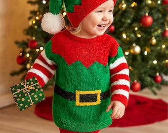 Elf Christmas Sweater & Hat Jumper PDF Knitting Pattern DK ( 8 ply ) Baby Boys Girls 18 - 22" 3m - 2yrs Button Back Yoke worked flat BB054