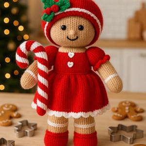 Gingerbread Girl Knitting Pattern PDF Christmas Ragdoll Festive Knitted Toy Doll & Candy Cane DK 8ply Height 35cm Downloadable