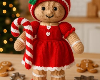 Gingerbread Girl Knitting Pattern PDF Christmas Ragdoll Festive Knitted Toy Doll & Candy Cane DK 8ply Height 35cm Downloadable