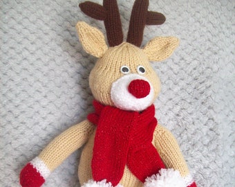 PDF Knitting Pattern Rudolph The Red Nose Reindeer Toy Christmas Decoration DK ( 8 ply ) 40cm 15" Childs Xmas Gift Idea BB008