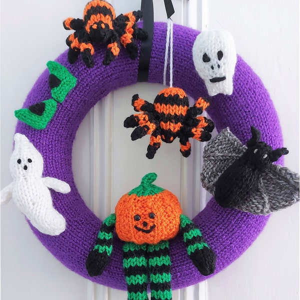 PDF Knitting Pattern Halloween Wreath Decoration Ghost Spider Bat Pumpkin Chunky ( Bulky, 12 ply ) Quick Easy Knit 35cm Wall HangingLH013