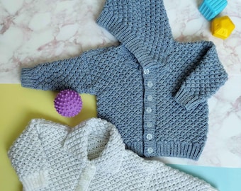 PDF Knitting Pattern Baby Boys Girls Hooded Jacket Cardigan Collar Bramble Stitch DK ( 8 ply ) 16 - 24" 0 - 4 yrs Instant Download BB040