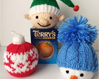 Knitting Pattern PDF Christmas Elf Snowman Reindeer Fair Isle Bauble Chocolate Orange Cover x 3 Festive Decoration DK 8ply Easy Knit BB081