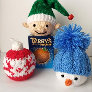 Knitting Pattern PDF Christmas Elf Snowman Reindeer Fair Isle Bauble Chocoalte Orange Cover x 3 Festive Decoration DK 8ply Easy Knit BB081