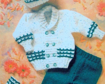 Baby Boys Double Breasted Jacket Sweater Hat Beret KNITTING PATTERN Aran 24-30