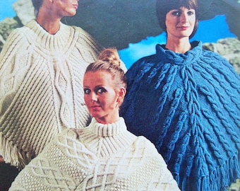 PDF Ladies Vintage Cable Poncho Polo Round Neck 3 designs Knitting Pattern Aran One size fits all Downloadable