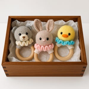 PDF Knitting Pattern Baby Rattle Toy Teddy Bear Bunny Rabbit Duck 3 x Designs DK ( 8 ply ) Easy Knit 7cm Ring Boys Girls Gift Idea BB041