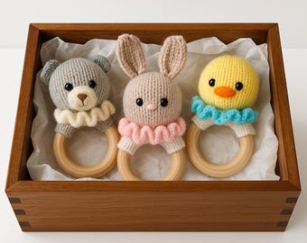 PDF Knitting Pattern Baby Rattle Toy Teddy Bear Bunny Rabbit Duck 3 x Designs DK ( 8 ply ) Easy Knit 7cm Ring Boys Girls Gift Idea BB041