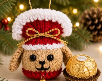 Puppy Dog Tree Decoration Ferrero Rocher Cover Knitting Pattern PDF Christmas Decor DK