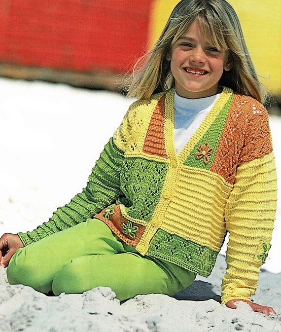 Girls Colour Block Patchwork V Neck Jacket Cardigan Knitting Pattern DK ( 8  ply ) 22 - 30