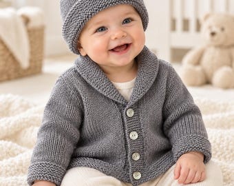 Baby Jacket & Pom-Pom Hat Knitting Pattern PDF Easy Knit Premature - 12 mths