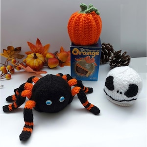 PDF Knitting Pattern Halloween Chocolate Orange Cover x 3 Spider Skellington & Pumpkin DK ( 8 ply ) Autumn Decoration Ornament BB046