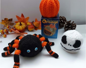 PDF Knitting Pattern Halloween Chocolate Orange Cover x 3 Spider Skellington & Pumpkin DK ( 8 ply ) Autumn Decoration Ornament BB046