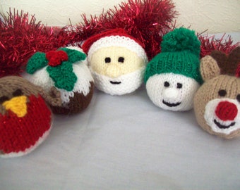 PDF Knitting Pattern Christmas Tree Decorations Ornaments Baubles Santa Reindeer Pudding Robin Snowman DK (8 ply) 7cm Quick  Easy Knit BB009