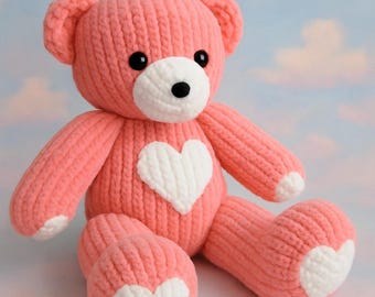 PDF Knitting Pattern Valentines Heart Teddy Bear Soft Toy 35cm Seated Flutterby Chunky ( Bulky, 12 ply ) Baby Girls Boys Gift Nursery