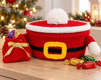 Santa Chocolate Sweet Tub Cover Knitting Pattern PDF Christmas Decor Lid & Wrapper Sack DK