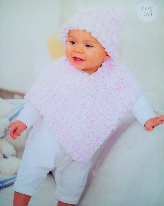baby Girls SNOWBALL PONCHO HAT KNITTING PATTERN Chunky 16-26in 0-7yr 1937