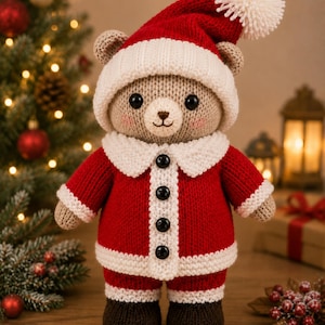 May include: A beige knitted teddy bear wearing a red and white Santa Claus outfit. The bear has black button eyes, a stitched nose, and pink cheeks. It wears a red hat with a white pom-pom, a red jacket with four black buttons, and dark brown boots.