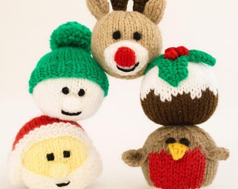 PDF Knitting Pattern Christmas Tree Decorations Ornaments Baubles Santa Reindeer Pudding Robin Snowman DK (8 ply) 7cm Quick  Easy Knit BB009