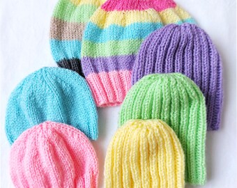 PDF Knitting Pattern Rib Striped & Plain Beanie Hats To Fit Premature Baby 2lbs - 2 years DK ( 8 ply ) Worked Flat Tiny Baby or Dolls BB065