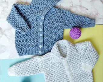 PDF Knitting Pattern Baby Boys Girls Hooded Jacket Cardigan Collar Bramble Stitch DK ( 8 ply ) 16 - 24" 0 - 4 yrs Instant Download BB040