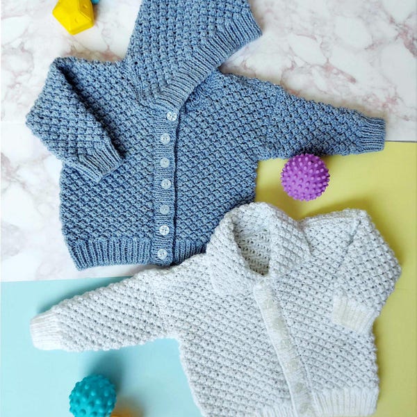 PDF Knitting Pattern Baby Boys Girls Hooded Jacket Cardigan Collar Bramble Stitch DK ( 8 ply ) 16 - 24" 0 - 4 yrs Instant Download BB040