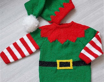 Elf Christmas Sweater & Hat Jumper PDF Knitting Pattern DK ( 8 ply ) Baby Boys Girls 18 - 22" 3m - 2yrs Button Back Yoke worked flat BB054