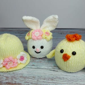 Knitting Pattern PDF Easter Bunny Chick & Bonnet Hat with Flowers Chocolate Orange Cover DK 8ply Food Cozy Cosies Novelty Gift Download