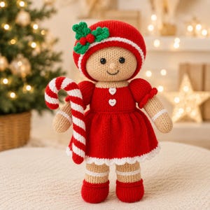 Gingerbread Girl Toy Knitting Pattern PDF with Candy Cane Christmas DK 35cm