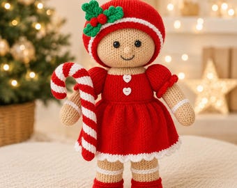 Gingerbread Girl Toy Knitting Pattern PDF with Candy Cane Christmas DK 35cm
