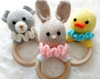 PDF Knitting Pattern Baby Rattle Toy Teddy Bear Bunny Rabbit Duck 3 x Designs DK ( 8 ply ) Easy Knit 7cm Ring Boys Girls Gift Idea BB041