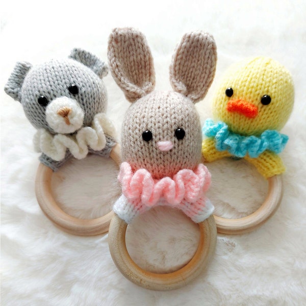 PDF Knitting Pattern Baby Rattle Toy Teddy Bear Bunny Rabbit Duck 3 x Designs DK ( 8 ply ) Easy Knit 7cm Ring Boys Girls Gift Idea BB041