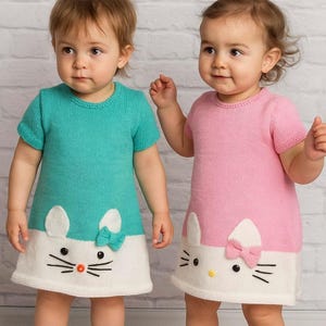PDF Knitting Pattern Cat & Mouse Motif Summer Dress Short Sleeve DK ( 8 ply ) Baby Toddler Girls 19 - 24" 3mths - 3 years Download LH039