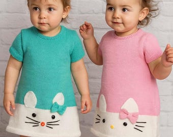 PDF Knitting Pattern Cat & Mouse Motif Summer Dress Short Sleeve DK ( 8 ply ) Baby Toddler Girls 19 - 24" 3mths - 3 years Download LH039
