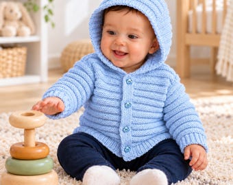 Easy Knit Baby Hooded Jacket & Cardigan Knitting Pattern DK Beginners Premature - 8 years