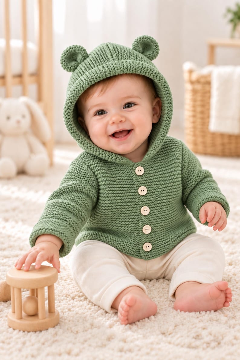May include: A sage green knit hooded cardigan featuring two small rounded ears on top of the hood and five light-colored wooden buttons down the front. The long-sleeved garment is crafted with a textured garter stitch pattern and includes a hood.