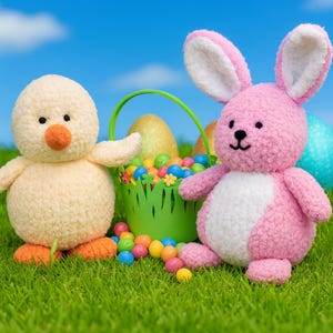 PDF Knitting Pattern Easter Chick & Bunny Rabbit Soft Toy Plush Snowflake Chunky Bulky 24cm 30cm BB004