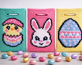 Easter Gift Bags Knitting Pattern PDF Bunny Rabbit Chick Egg Hunt Intarsia Motif Aran 10ply Size 18 x 25cm Downloadable